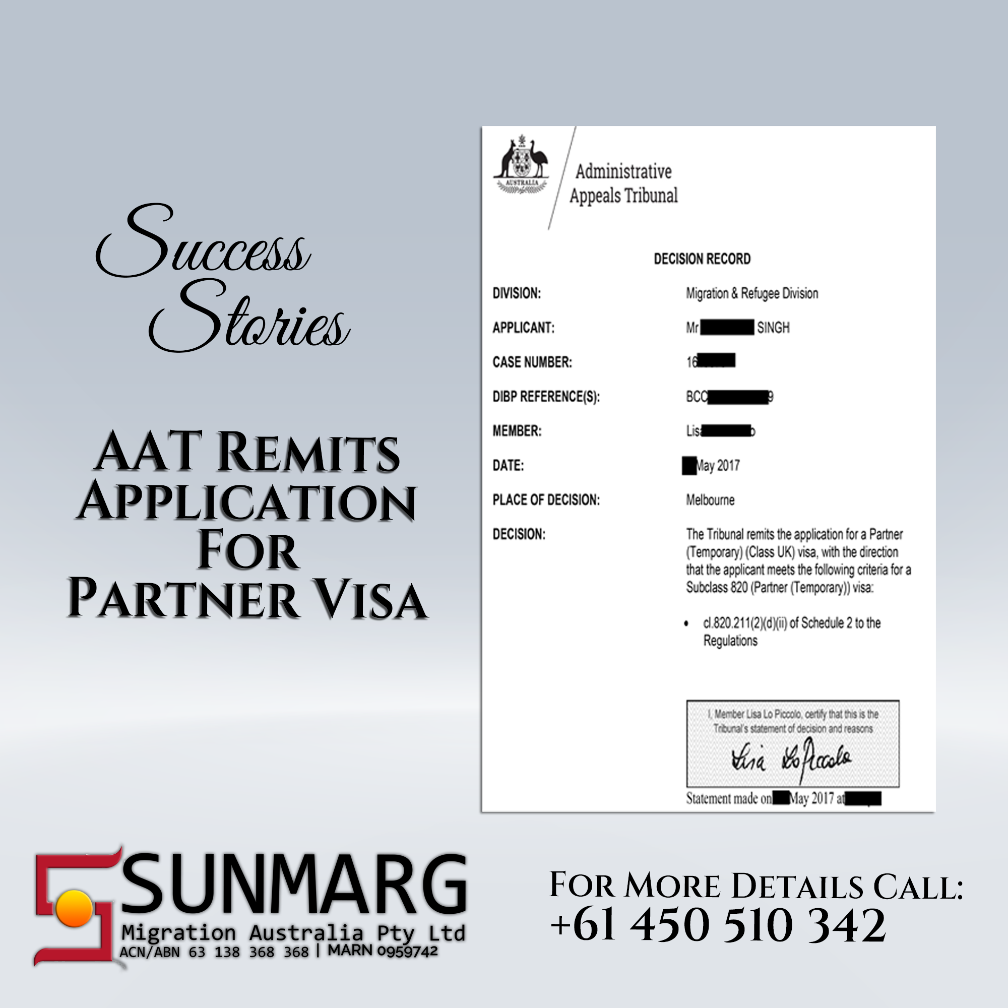 AAT Remitted Partner Visa Application waving Schedule 3 Criteria Success Story Sunmarg